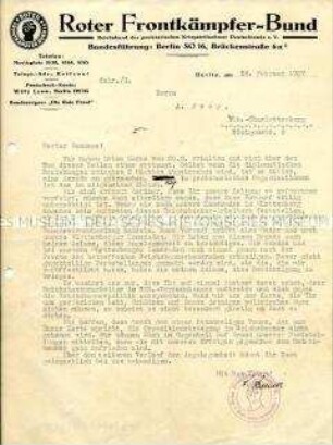 Brief des Bundesführung des Roten Frontkämpfer-Bundes an ein Mitglied des Reichsbanners zum Verhältnis zwischen den beiden Organisationen