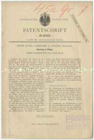 Patentschrift über Neuerungen an Pflügen, Patent-Nr. 29455