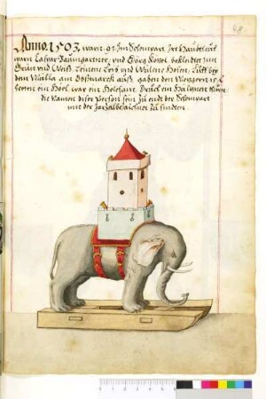 Hölle 1503: Elefant mit auf den Rücken geschnalltem Turm