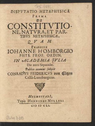 Disputatio Metaphysica Prima De Constitutione, Natura, Et Partibus Metaphysicae