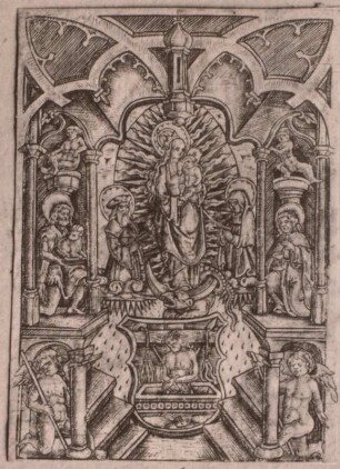 Maria mit Jesus, Heiligen und Engeln in Kapelle, darunter Wappenschild mit Ecce Homo