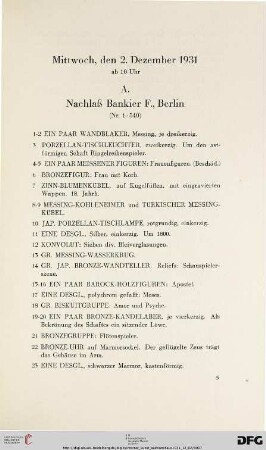 Mittwoch, den 2. Dezember 1931, ab 10 Uhr (Nr. 1-707)