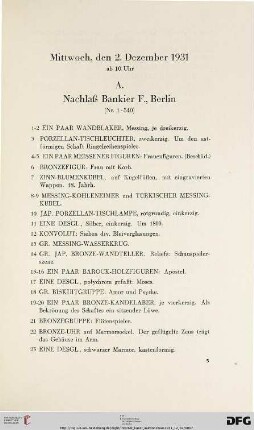 Mittwoch, den 2. Dezember 1931, ab 10 Uhr (Nr. 1-707)