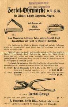 Zertal-Ohrmarke D.R.G.M. für Rinder, Schafe, Schweine, Ziegen.