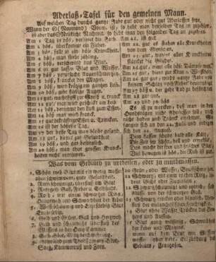 Aderlaß-Tafel für den gemeinen Mann.