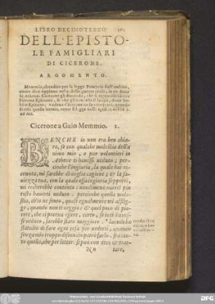 Libro Decimoterzo Dell' Epistole Famigliari Di Cicerone. [A Memmio, Et Altri.]