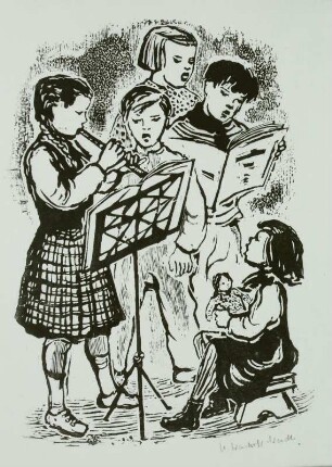 Musizierende Kinder : Wendorf-Weidt, Ursula: Musizierende Kinder. Holzschnitt; 37 x 26,5 cm. 3. Deutsche Kunstausstellung Dresden, Albertinum, 1953.03-1953.05