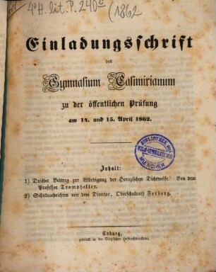 Einladungsschrift des Gymnasium Casimirianum zu Coburg zur Schlußfeier. 1862
