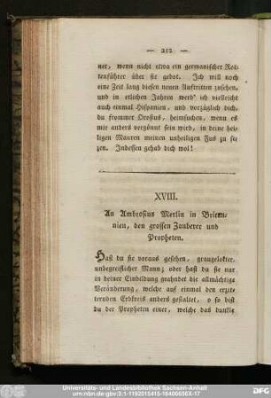 XVIII. An Ambrosius Merlin in Brittanien, den grossen Zauberer und Propheten.