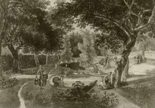 Mädchen in Landschaft, Wäsche waschend
