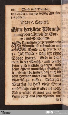 Das IV. Capitel. Eine hertzliche Abmahnung von allzuvielen Sorgen und Geschäfften.