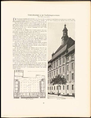 Gemeindeschule in der Greifenhagener Straße, Berlin: Lageplan, Asicht (aus: Neubauten der Stadt Berlin, Bd. IV, 1905)