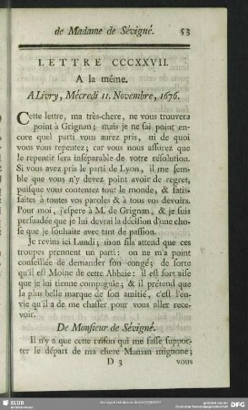 Lettre CCCXXVII. A la même. A Livry, Mécredi 11. Novembre, 1676