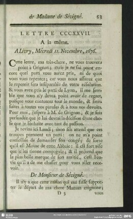 Lettre CCCXXVII. A la même. A Livry, Mécredi 11. Novembre, 1676