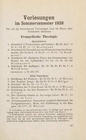 47, Vorlesungen im Sommersemester 1938