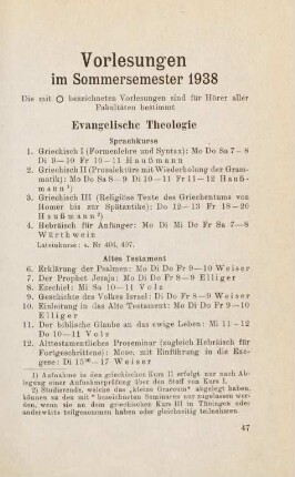 47, Vorlesungen im Sommersemester 1938