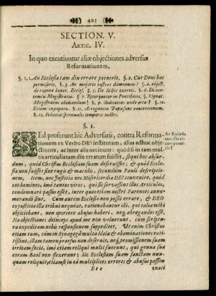 Section. V. Artic. IV. In quo excutiuntur aliae obiectiones adversus Reformationem
