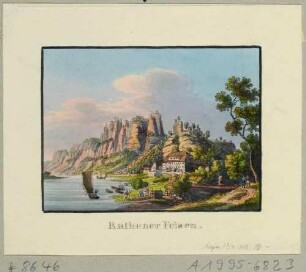 Das Erbgericht in Rathen an der Elbe und die Felswände der Bastei und der Weißen Brüche in der Sächsischen Schweiz von Südosten, aus Andenken an die Sächsische Schweiz von C. A. Richter 1820