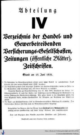 Abteilung IV. Verzeichnis der Handel- und Gewerbetreibenden, sowie andere Berufsarten. Versicherungsgesellschaften. Zeitungen und Zeitschriften, Geschäftsempfehlungen.
