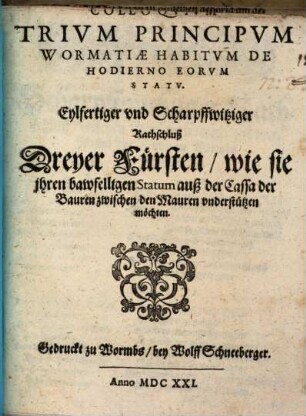 Colloqvivm Trivm Principvm Wormatiae Habitvm De Hodierno Eorum Statv : Eylfertiger vnd Scharpffwitziger Rathschluß Dreyer Fürsten, wie sie jhren bawfelligen Statum auß der Cassa der Bauren zwischen den Mauren vnderstützen möchten