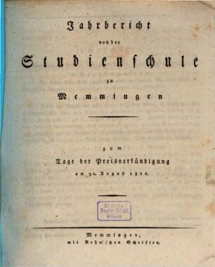Jahresbericht von der Königlichen Studienschule zu Memmingen, 1815/16 (1816)