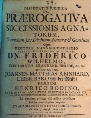 Disp. iur. de praerogativa successionis agnatorum secundum ius divinum, naturae et gentium