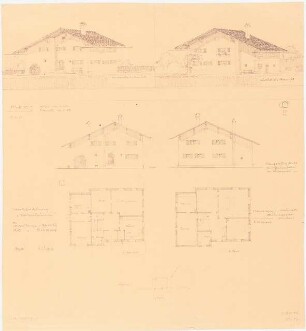 Werksiedlung Kaltenbrunnen (Vorarlberger Illwerke), Bregenz: Haus Typ C: 4 Ansichten, Grundrisse Erdgeschoss und 1. Obergeschoss 1:100 (Zeichnung des Architekten)
