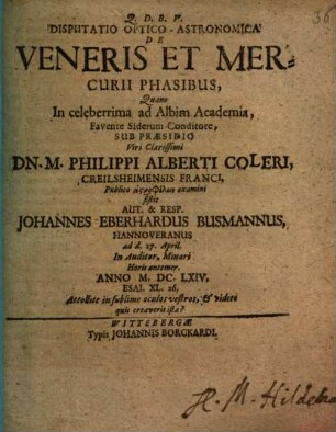 Disputatio Optico-Astronomica De Veneris Et Mercurii Phasibus