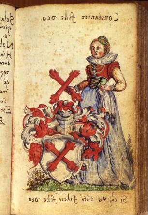Stammbuchblatt: Frau in Renaissancetracht mit Wappen