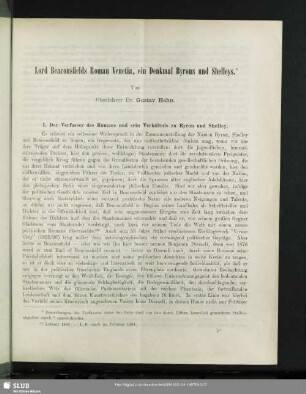 Lord Beaconfields Roman Venetia, ein Denkmal Byrons und Shelleys