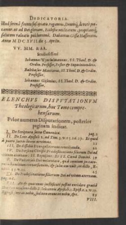 Elenchus Disputationum Theologicarum, hoc Tomo comprehensarum.