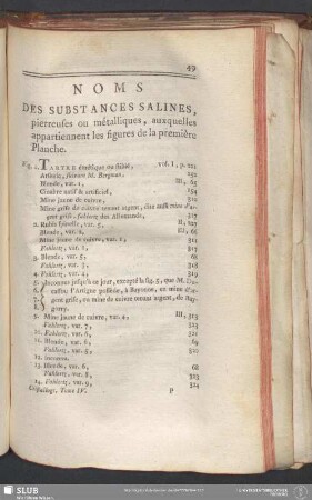 Noms Des Substances Salines, pierreues ou métalliques, auxquelles appartiennent les figures de la première Planche