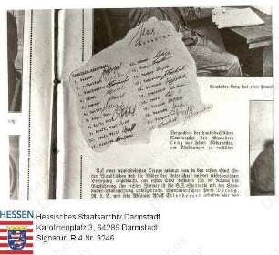 Lenz, Karl (1899-1944) / Wahlkampf der NSDAP anlässlich des 2. Wahlgangs der Reichspräsidentenwahl am 7. Juli 1932, hier: Verzeichnis der handschriftlichen Namenszüge von Gauleiter Lenz und seinen Mitarbeitern, ausgehängt am Braunen Haus in Darmstadt