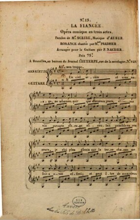 La fiancée : opéra comique en trois actes ; romance chantée par Mme. Pradher