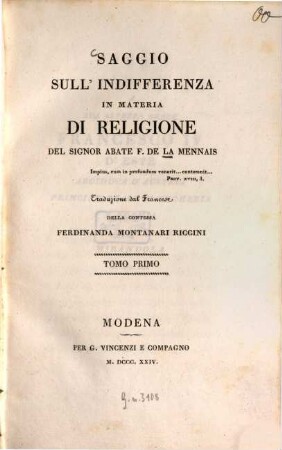 Saggio sull'indifferenza in materia di religione, 1,1 (1824)