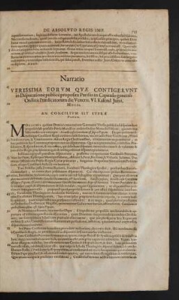 Narratio Verissima Eorum Quae Contigerunt in Disputatione publice proposita Parisiis in Capitulo generali Ordinis Praedicatorum die Veneris, VI. Kalend. Junii, MDCXI.