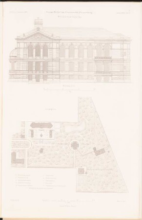 Botanisches Institut: Lageplan, Ansicht (aus: Kaiser-Wilhelms-Universität, Straßburg. II. Das Lehrgebäude, der Garten und die Gewächshäuser des Botanischen Instituts, 1888)