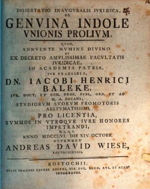 Diss. inaug. iur. de genuina indole unionis prolium