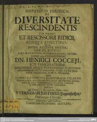 Disputatio Juridica , De Diversitate Rescindentis (ut vocant) Et Rescissorii Judicii , Ejusqve Effectibus