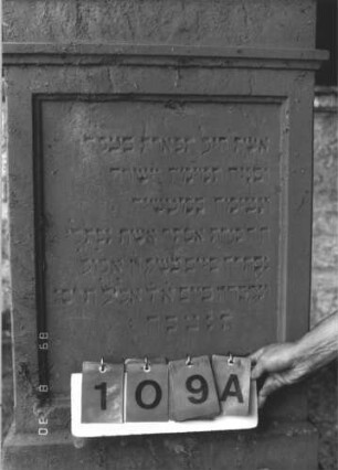 Grabstein 109 (Index: 99609745) Material: Sandstein Zustand: teilweise stark verwittert Maße HxBxT: 207x72x31 cm Beschreibung: Stele, Abdeckplatte, Giebelaufsatz, Verdachung, Mittelerhöhung mit Palmettenaufsatz, Schriftfeld rechteckig eingetieft, getreppter Sockel Symbolik: Palmette: Grabstein 109A