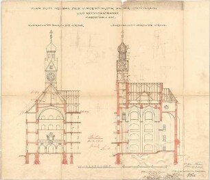 Seidl, Gabriel von; München, Öttingen- / Reitmorstr.; Vinzentinum - Kirche (Querschnitt, Längsschnitt)