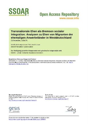 Transnationale Ehen als Bremsen sozialer Integration: Analysen zu Ehen von Migranten der ehemaligen Anwerbeländer in Westdeutschland