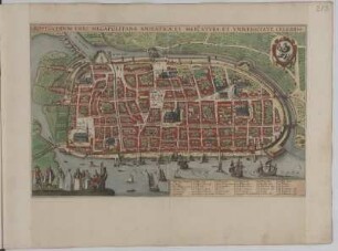 Stadtplan von Rostock in der Vogelschau von Norden aus gesehen, kolorierter Kupferstich, 1625 : Rostochium : Urbs Megapolitana Anseatica Et Mercatura Et Universitate Celebris / W. Hollar fe.. - [Ca. 1:3 200]. - [Amsterdam], [um 1625]. - 1 Vogelschauplan : Radierung u. Kupferst. ; 48,7 x 30,5 cm Kopft. - Ohne Kt.-Netz. - Mit Gebäudeverz. - Mit 1 Wappen. - Mit dargest. Personengruppe links unten. - Übersetzung auf der Rückseite: Rostock, wenig oberhalb der Mündung der Warne, bekannt für die 1415 gegründete Akademie [i.e. die 1419 gegründete Universität] und für ein Bier von bestem Geschmack.