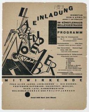 4. Abend der Novembergruppe. Berlin. Einladung und Programm zum Abend der Novembergruppe, Programmblatt mit Entwurf "Abend der Novembergruppe" vermutl. von Moritz Melzer.