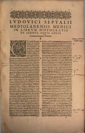 Ludovici Septalii Mediolanensis medici in librum Hippocratis Coi De aeribus, aquis, locis commentarii V