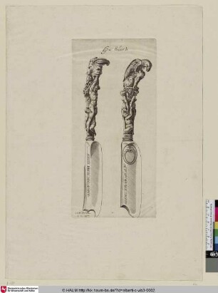[Zwei Entwürfe für mit Figurenornament verzierte Messer; Ornamental Knives]