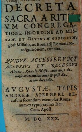 Decreta sacra a rituum congregatione in ordine ad Missam et divinum officium condita