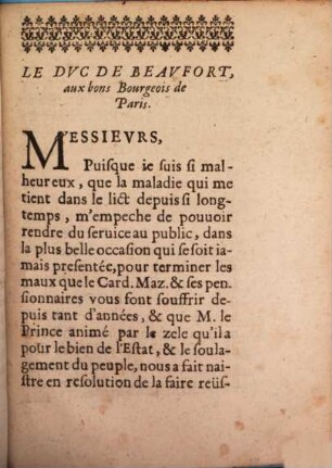 Le Duc de Beaufort aux bons Bourgeois de Paris