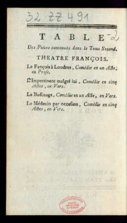 Table Des Piéces contenuës dans le Tome Second.