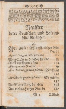 Register derer Teutschen und Lateinischen Gesängen.